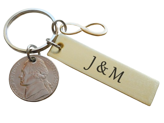 Custom Engraved Brass Keychain with Nickel & Brass Infinity Charm, 21 Year Anniversary Gift, Personalized Keychain