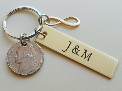 Custom Engraved Brass Keychain with Nickel & Brass Infinity Charm, 21 Year Anniversary Gift, Personalized Keychain