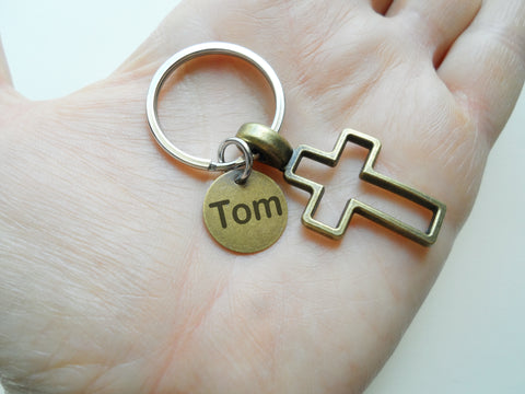Bronze Cross Charm Keychain with Custom Engraved Tag, Religious Keychain