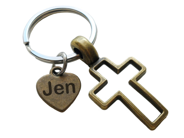 Bronze Cross Charm Keychain with Custom Engraved Tag, Religious Keychain
