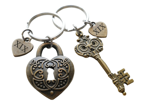 Bronze Key and Heart Lock Charm Keychain Set with Heart Tag Engraved "XIX" Roman Numerals, For Couples 19 Year Anniversary