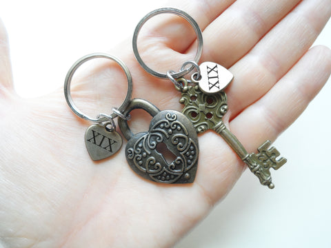 Bronze Key and Heart Lock Charm Keychain Set with Heart Tag Engraved "XIX" Roman Numerals, For Couples 19 Year Anniversary
