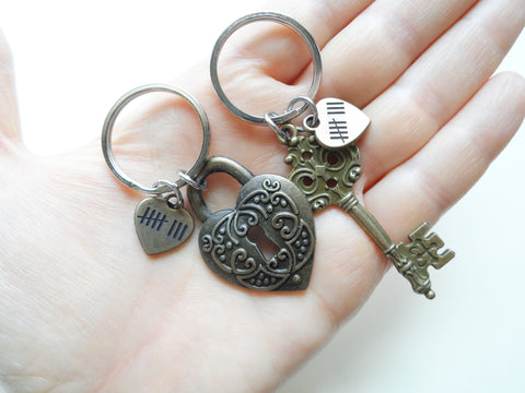 Bronze Key & Lock Charm Keychains, with 8 Tally Marks Engraved Heart Charm, For Couples 8 Year Anniversary