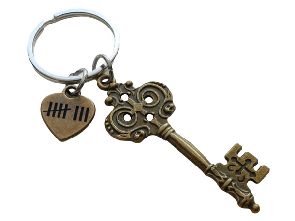 Bronze Key Charm Keychain with 8 Tally Marks Engraved Heart Charm, For Couples 8 Year Anniversary