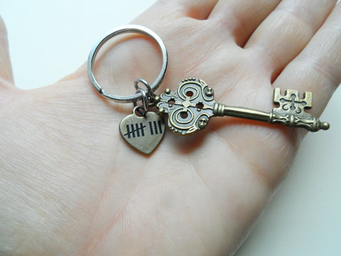 Bronze Key Charm Keychain with 8 Tally Marks Engraved Heart Charm, For Couples 8 Year Anniversary