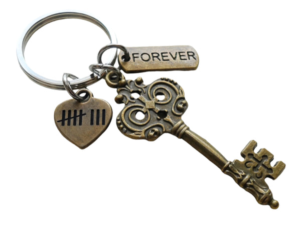 Bronze Key Charm Keychain with Word Tag Charm & Heart Charm Engraved with 8 Tally Marks, For Couples 8 Year Anniversary