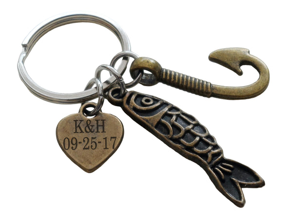Personalized Bronze Fish & Hook Charm Keychain with Custom Engraved Heart Tag; Couples Keychain