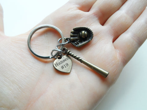 Baseball or Softball Keychain with Bronze Baseball Glove & Bat Charm & Custom Engraved Heart Tag; Team Player or Coach Gift