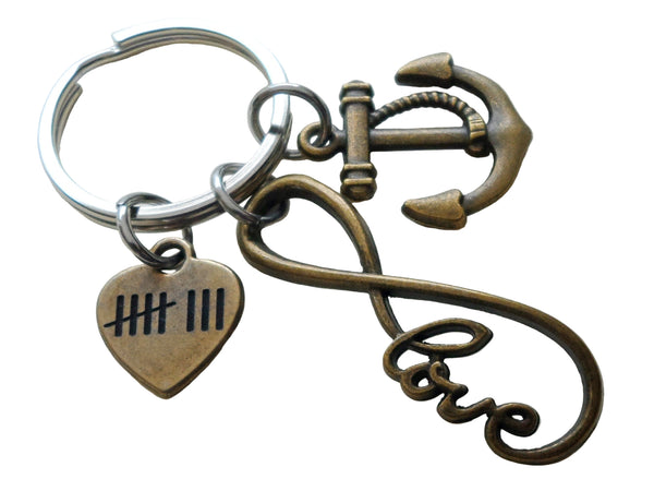 Bronze Love Infinity Charm Keychain With Anchor Charm & 8 Tally Mark Heart Charm, 8 Year Anniversary