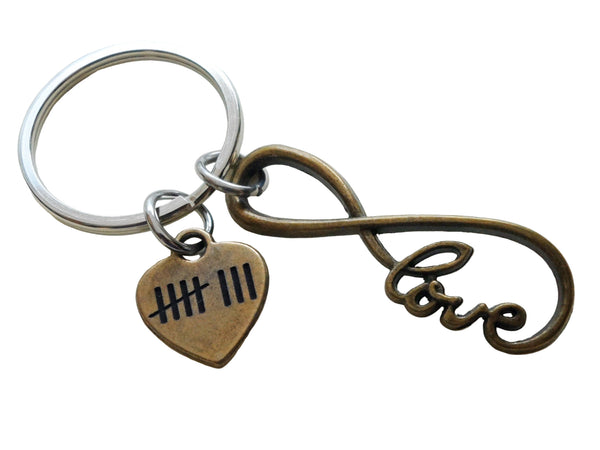 Bronze Infinity Love Symbol Charm Keychain With 8 Tally Mark Heart Charm, 8 Year Anniversary - You and Me for Infinity