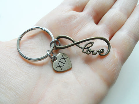 Bronze Love Infinity Symbol Charm With "XIX" Roman Numerals Engraved Heart Charm Keychain, 19 Year Anniversary