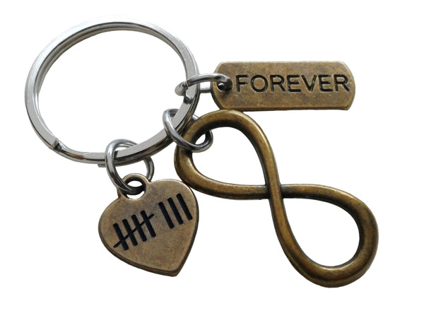 Bronze Infinity Charm Keychain With Forever Tag & 8 Tally Mark Heart Charm Keychain, 8 Year Anniversary