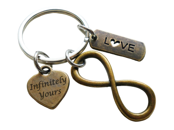 Bronze Infinity Charm Keychain With Love Tag & Custom "Infinitely Yours" Heart Charm Keychain, Couples Anniversary