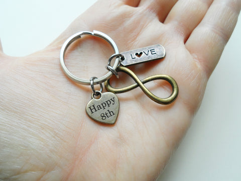 Bronze Infinity Charm Keychain With Love Tag & Custom Engraved Heart Charm Keychain, 8 Year Anniversary