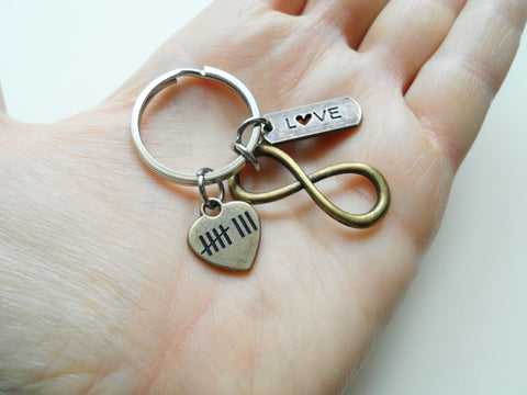 Bronze Infinity Charm Keychain With Love Tag & 8 Tally Mark Heart Charm Keychain, 8 Year Anniversary