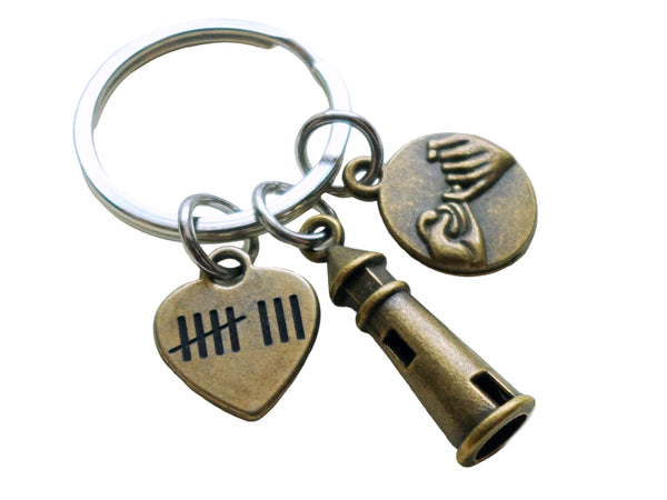 Bronze Lighthouse Charm Keychain with Pinky Promise Charm & 8 Tally Mark Engraved Heart Charm, Couples Keychain