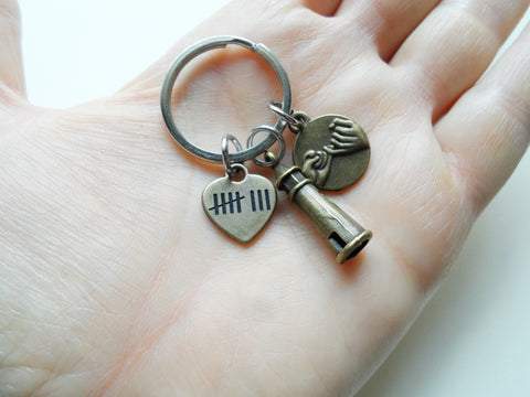 Bronze Lighthouse Charm Keychain with Pinky Promise Charm & 8 Tally Mark Engraved Heart Charm, Couples Keychain