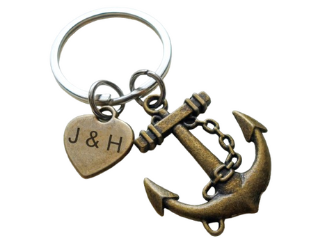 Personalized Bronze Anchor Charm Keychain with Custom Heart Tag; Couples Keychain