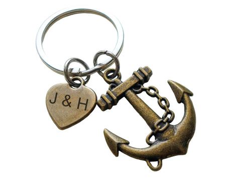 Large Bronze Anchor Charm Keychain with Custom Engraved Heart Charm