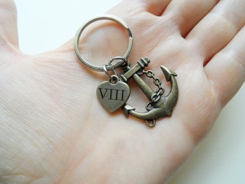 Bronze Anchor Charm Keychain with "VIII" Roman Numerals Engraved Heart Tag; Couples 8 Year Anniversary Gift