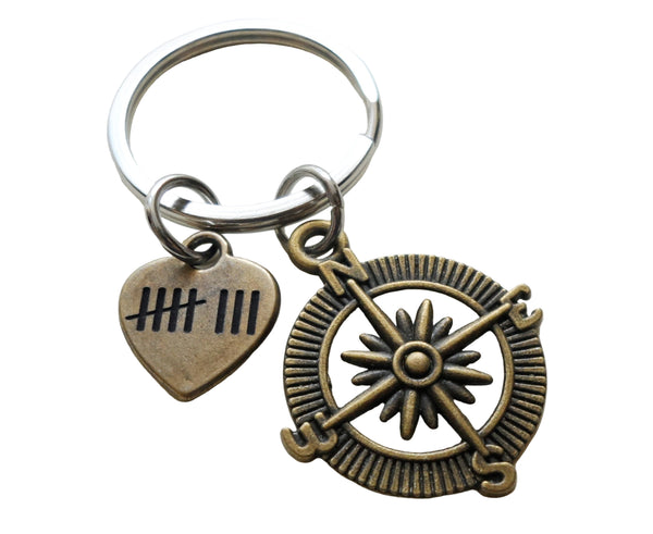 Bronze Compass Charm Keychain with 8 Tally Mark Heart Charm - I'd Be Lost Without You; Couples Keychain