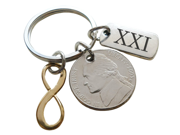 Nickel & Brass Infinity Charm Keychain with Custom Engraved Tag, 21 Year Anniversary Gift Personalized