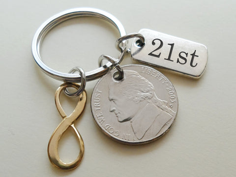 Nickel & Brass Infinity Charm Keychain with Custom Engraved Tag, 21 Year Anniversary Gift Personalized