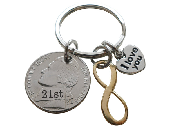 Custom Engraved Nickel & Brass Infinity Charm Keychain with I Love You Heart Charm, 21 Year Anniversary Gift Personalized