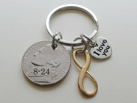 Custom Engraved Nickel & Brass Infinity Charm Keychain with I Love You Heart Charm, 21 Year Anniversary Gift Personalized