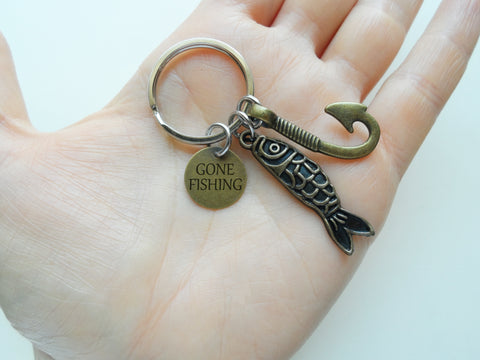 Personalized Bronze Fish & Hook Charm Keychain with Custom Engraved Circle Tag