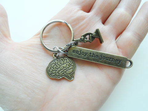 Bronze Brain & Microscope Charm Keychain with Enjoy the Journey Tag, For Anatomy Teacher, Psychologist or Medical Student