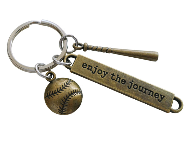 Bronze Baseball Bat, Ball, and Enjoy the Journey Tag Keychain, Softball or Baseball Team Player Key Chain