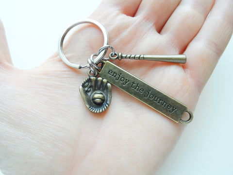 Bronze Baseball Glove, Ball, and Enjoy the Journey Tag Keychain, Softball or Baseball Team Player Key Chain