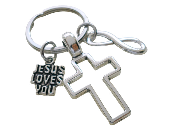 Cross Charm Keychain with Jesus Loves You and Infinity Charm, Religious Keychain