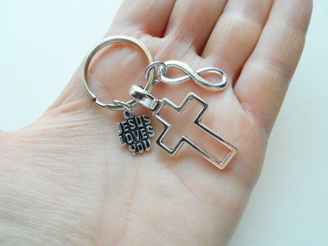 Cross Charm Keychain with Jesus Loves You and Infinity Charm, Religious Keychain