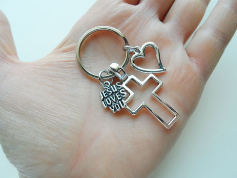 Cross Charm Keychain with Jesus Loves You and Heart Charm, Religious Keychain