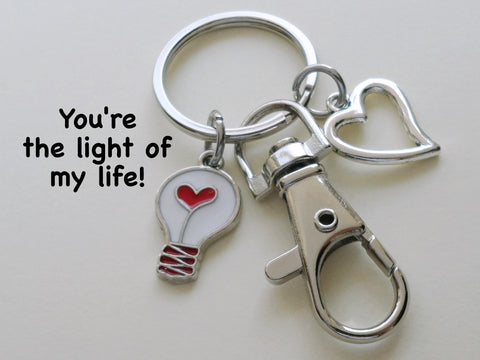 Light Bulb with Red Heart Charm Keychain with Clasp and Open Heart Charm with You're The Light Of My Life Card