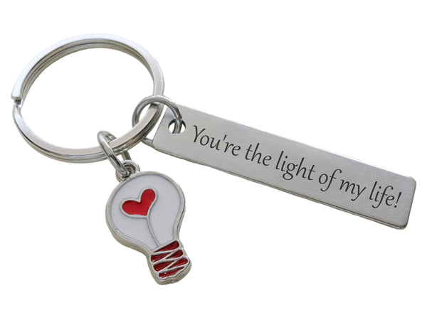 Light Bulb with Red Heart Charm Keychain with Custom Engraved Steel Tag