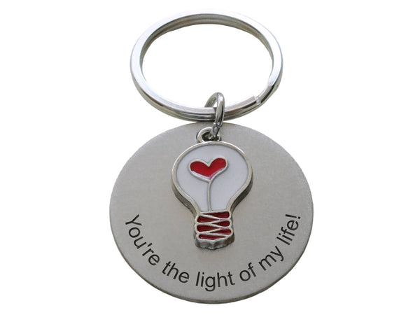 Light Bulb with Red Heart Charm Keychain with Custom Engraved Steel Disc