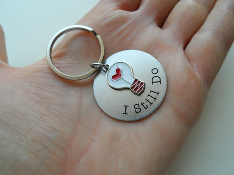 Light Bulb with Red Heart Charm Keychain with Custom Engraved Steel Disc