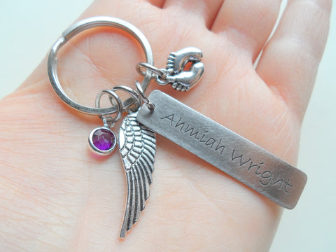 Memorial Keychain with Wing Charm, Baby Feet Charm, and Custom Engraved Tag