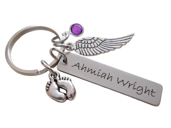 Memorial Keychain with Wing Charm, Baby Feet Charm, and Custom Engraved Tag