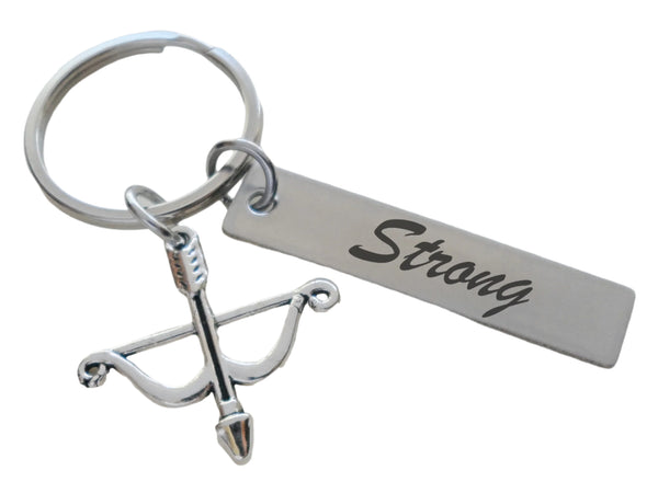 Bow Charm Keychain with "Strong" Engraved Tag, Student or Coach Archery Keychain