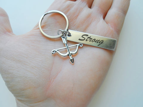 Bow Charm Keychain with "Strong" Engraved Tag, Student or Coach Archery Keychain