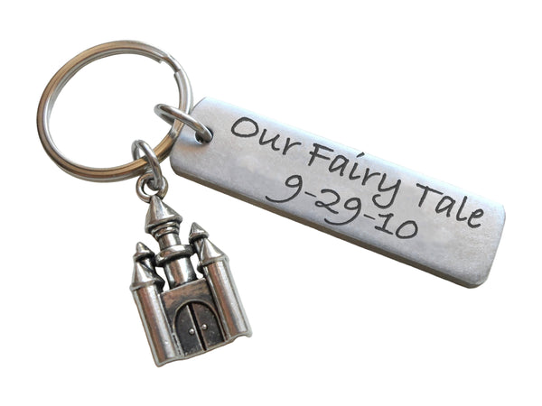 Castle Keychain with Custom Engraved Aluminum Tag; Couples Keychain