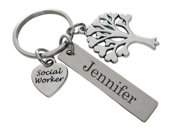 Employee Appreciation Gifts • Tree Charm, Social Worker Heart & Custom Engraved Tag Keychain by JewelryEveryday