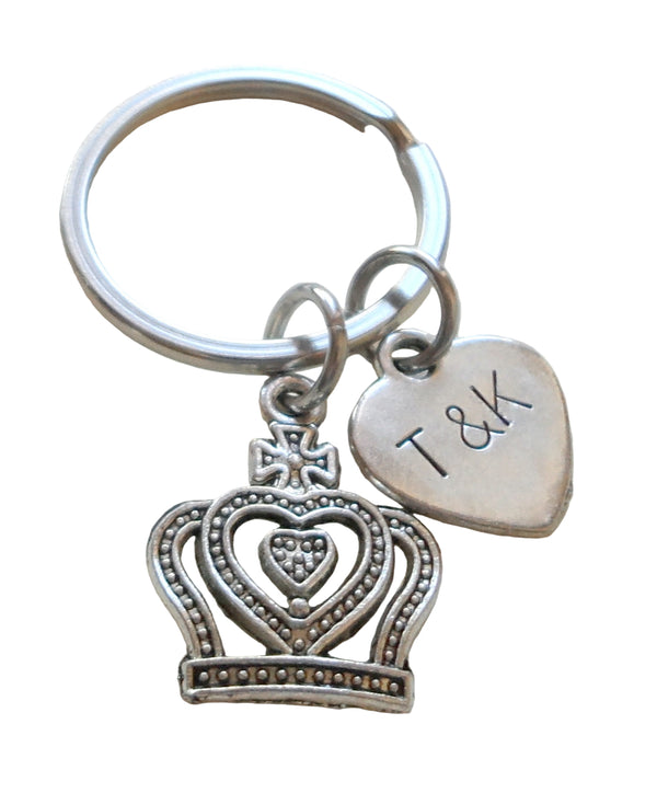 Queen Crown Charm Keychain with Custom Stamped Heart Tag For Couples Initials