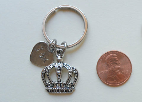 King Crown Charm Keychain with Custom Stamped Heart Tag For Couples Initials