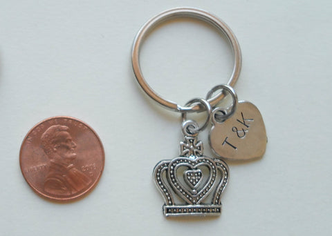 Queen Crown Charm Keychain with Custom Stamped Heart Tag For Couples Initials