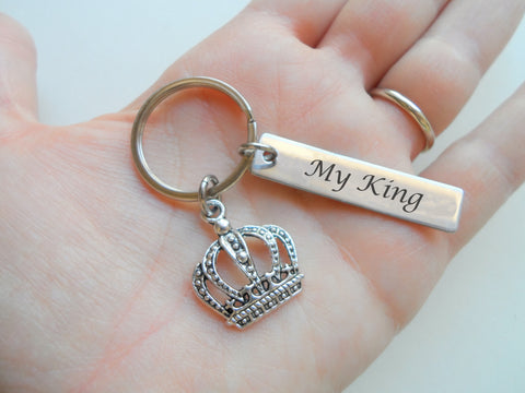 King Crown Charm Keychain with "My King" Engraved Steel Tag